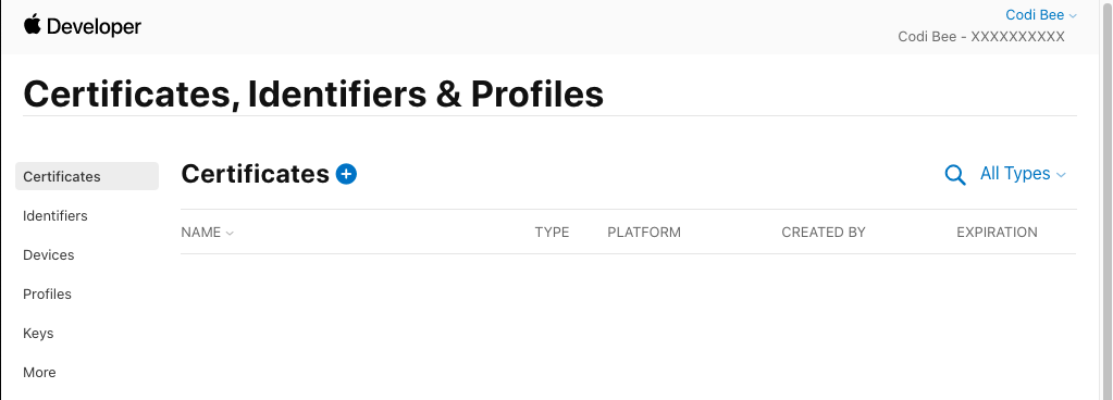 Screenshot of the Certificates page in the Apple Developer Portal
