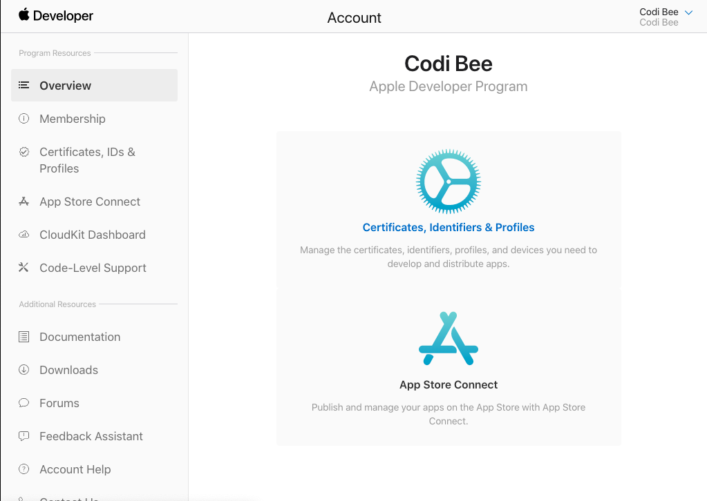 Screenshot of Apple Developer Portal with Certificates, Identifiers & Profiles highlighted