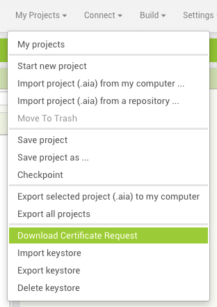 Download Certiifcate Request menu item under Projects